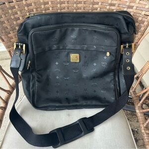 MCM Visetos Handbag Travel Bag Black Logo Gold Women's w/ Shoulder Strap